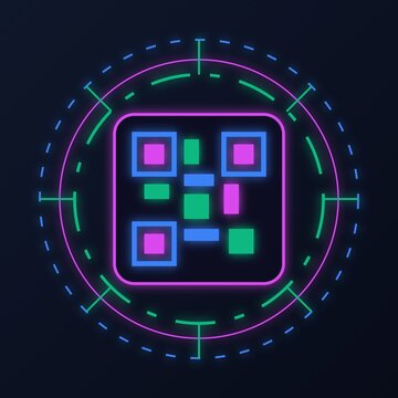 Futuristic neon QR code matrix surrounded by circular HUD interface and radar crosshairs in a glowing cyberpunk style