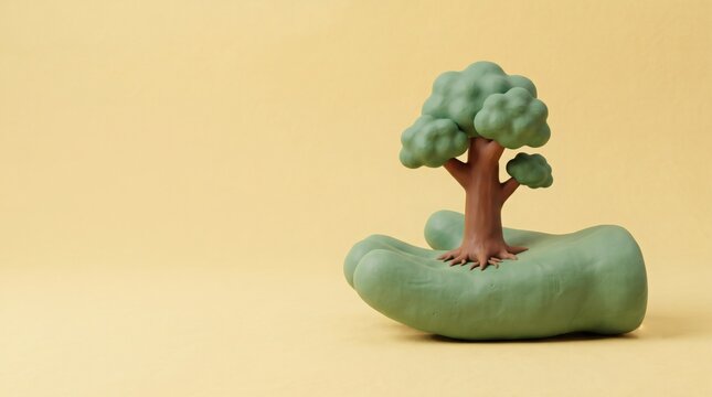 Minimalist 3D claymation style hand holding a small growing tree