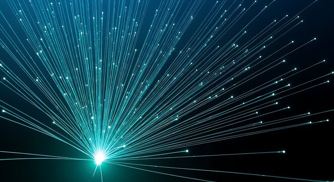 Vibrant teal light beam radiating through digital space with glowing lines