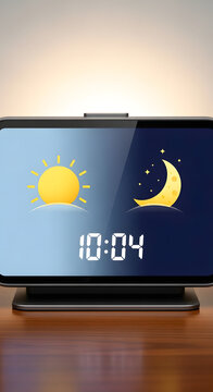 Modern Digital Alarm Clock with Sun and Moon Icons on a Wooden Table Displaying Time