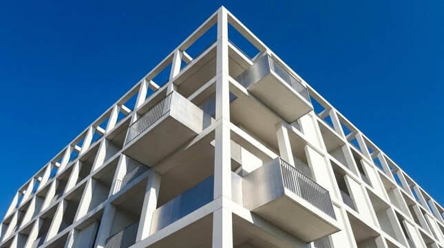 Modern Minimalist White Building Architecture with Geometric Facade under Blue Sky