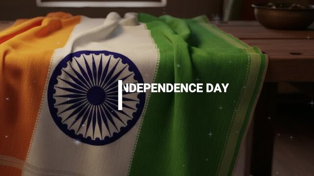 Indian flag draped on wooden table for independence day. 4K Video