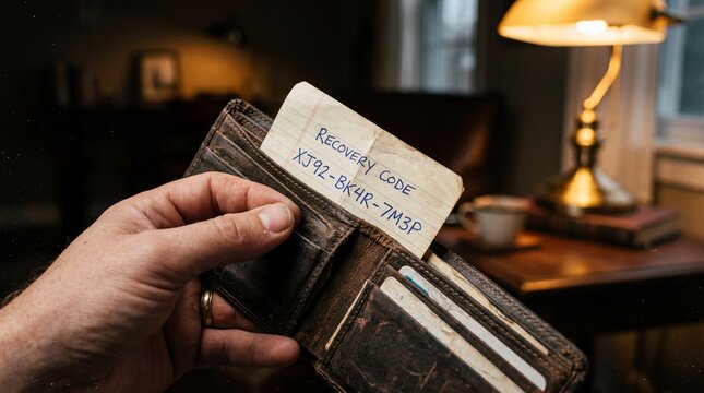 Man holds leather wallet with handwritten recovery code note inside