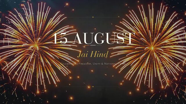 Golden fireworks display for august 15 celebration with text. 4K Video