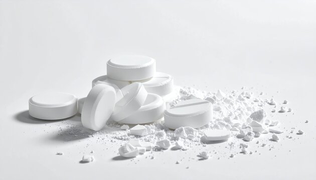 Pile of white round pills and powder on a bright white background