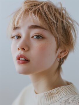 portrait of a girl
プラチナブロンドのベリーショートマッシュヘアの日本人女性、洗練されたヘアカタログ