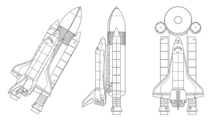 Fototapeta premium Detailed space shuttle vector illustration showing multiple technical views for aerospace engineering design and research projects