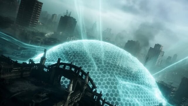 Glowing hexagonal energy dome activating above ruined city skyline, viewed from rooftop with broken stone balustrade, collapsed towers, haze, smoke, and neon atmosphere