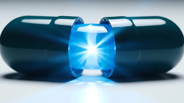 Glowing blue medical capsule split open on white background