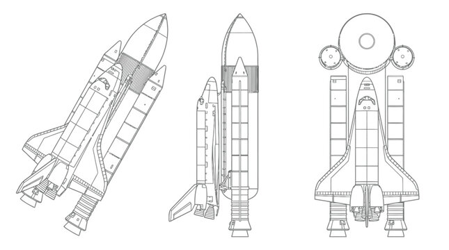 Detailed space shuttle vector illustration showing multiple technical views for aerospace engineering design and research projects