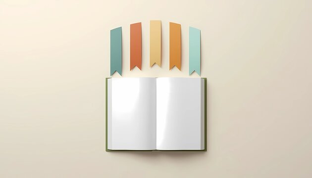 Minimalist papercut template with open book and arched paper ribbon bookmarks
