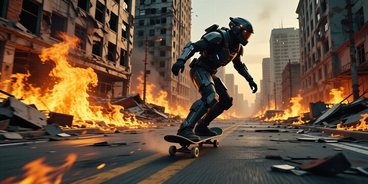 Futuristic astronaut wearing black armor skates on skateboard along destroyed city street. Burning ruins, flames surround character in post apocalyptic urban environment. Action hero explores