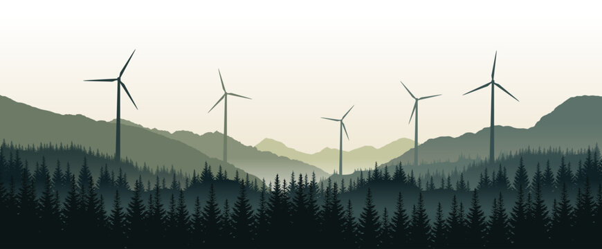 Muted green panoramic landscape with hills, forest and wind turbines - renewable energy, sustainability, ecology