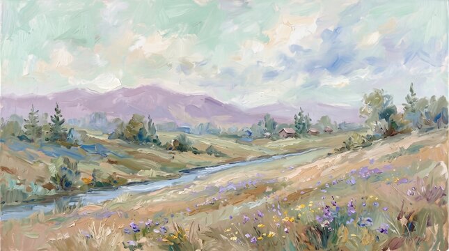 Impressionist oil painting of a serene river flowing through rolling hills under soft pastel skies