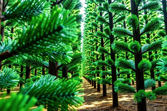 Rows of artificial pine trees stand in geometric lines. Green plastic needles look real in synthetic forest plantation. Wooden trunks align perfectly within indoor nursery rows. Environmental concept