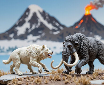 Cartoon dire wolf and woolly mammoth face each other, prehistoric animals, tusks, fangs, Ice Age, ancient wildlife, playful encounter, animated, fantasy, extinct creatures