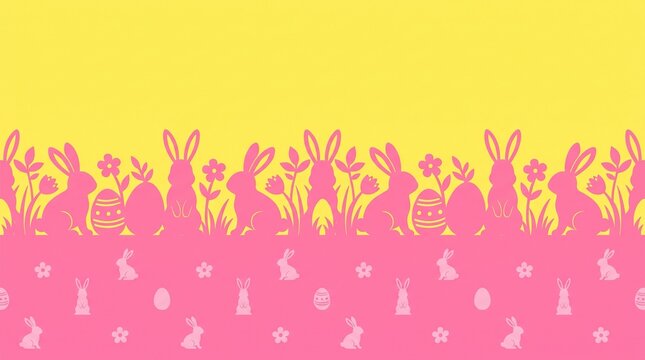 Pink easter bunnies and decorative eggs arranged on a bright yellow and pink graphic background