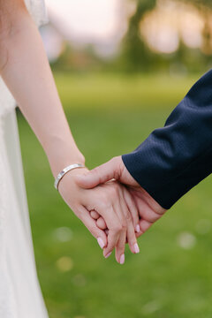 Bride Groom Holding Hands Close-Up Outdoor Wedding Detail