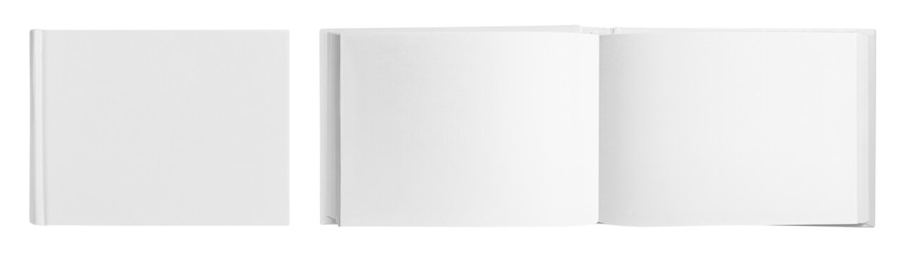 Set of blank landscape hardcover albums closed and open, isolated on transparent cutout background