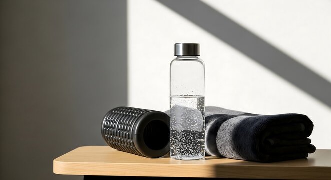 Glass water bottle, foam roller, and towel for workout