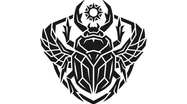 Stylized Egyptian Scarab Beetle Emblem with Sun Symbol.