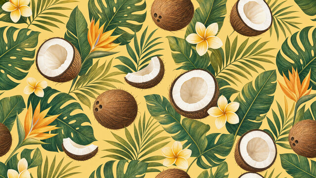 Seamless fruit pattern with whole and halved coconuts, tropical foliage, and exotic flowers on a warm yellow background