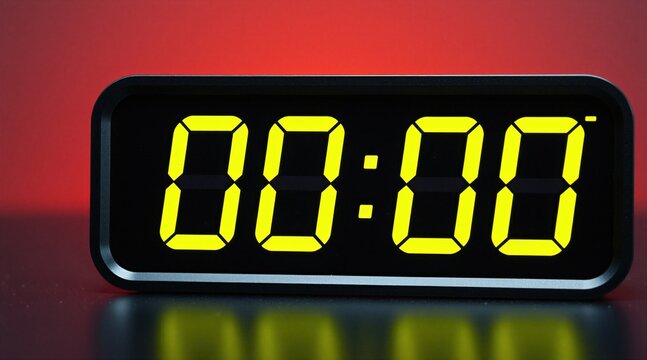 Digital timer clock shows zero seconds. Yellow digits on black screen with red background. Modern timekeeping device for countdowns, deadlines, or starting points. Useful for management and planning.