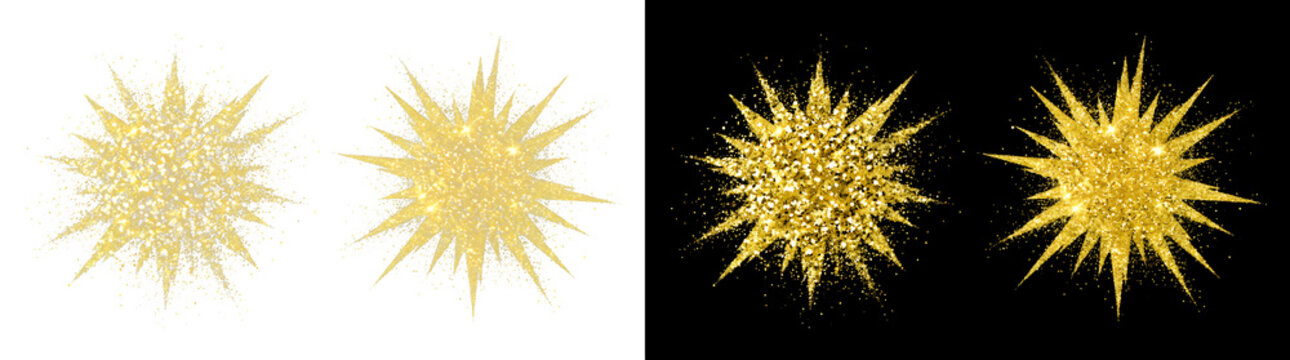 Abstract gold metallic starburst shapes on dark and white backgrounds with starburst, metallic