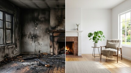 Obraz premium Damaged room with smoke soot stains, peeling wall paint, and fire damage next to a clean interior.