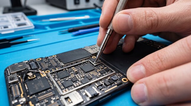 Technician repairing smartphone motherboard with precision tools in a well organized workshop with organized workspace various repair tools using precision screwdriver