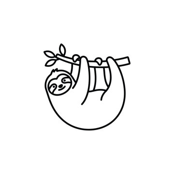 Cartoon Sloth Hanging on Branch: A simple, charming black and white line drawing depicts a cute sloth hanging upside down from a tree branch, with a cheerful expression.