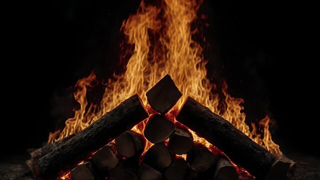 Burning campfire with glowing orange flames and stacked wooden logs at night