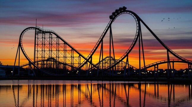 Roller coaster silhouette against bright orange sunset sky over water. Amusement park ride structures rise above lake with reflection. Dark metal tracks curve during evening light. People enjoy