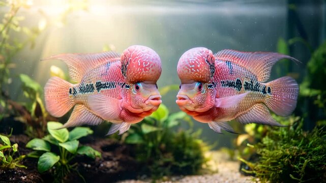 two flowerhorn fish close up underwater in southeast asian aquarium morning light video