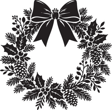 Black and white christmas wreath with pine cones and a decorative bow