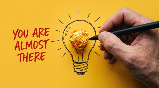 Creative hand drawing lightbulb with crumpled paper inside encouraging message with paired uplifting motivational phrase vibrant yellow background