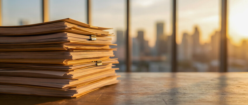 A stack of documents on an office desk with a city skyline in the background at sunset