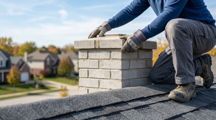 Fototapeta premium Close up of a roofer working on a brick chimney cap during a chimney inspection.