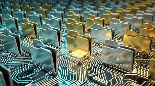 Secure information workflow and digital file system folders illustrated on a circuit board.