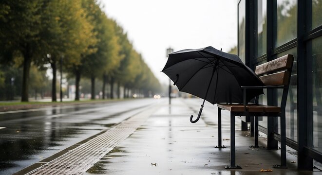 Black umbrella resting on empty wooden bench at rainy bus stop