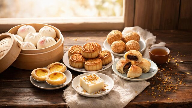 Assortment of traditional Chinese pastries and dim sum laid on rustic wooden table, steamed buns, mooncakes, egg tarts, osmanthus rice cake, sesame balls and flaky pastries with chinese tea oriental f