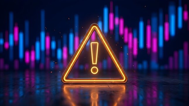 Glowing neon warning sign with exclamation mark in front of financial stock market charts and graphs