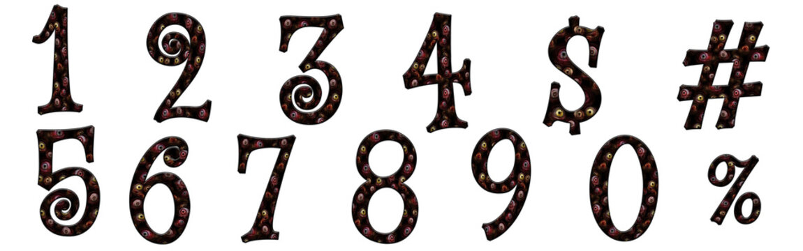 Creepy Zombie Eyes Pattern 1, 2, 3, 4, 5, 6, 7, 8, 9, 0 number english word abc classic fontart Alphabet letter text typography font