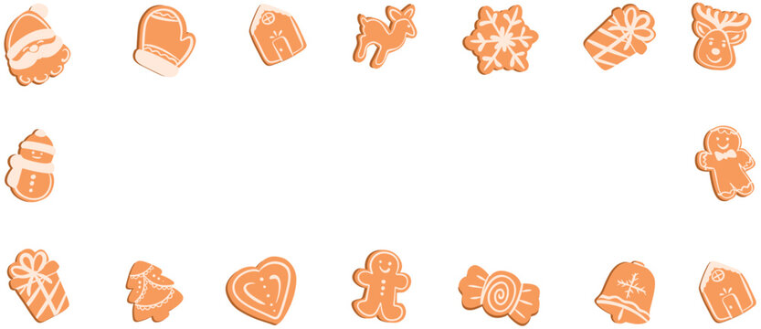 Christmas gingerbread cookies full rectangular border frame vector illustration with central copy space. for greeting card, banner, poster, invitation, and packaging decor.