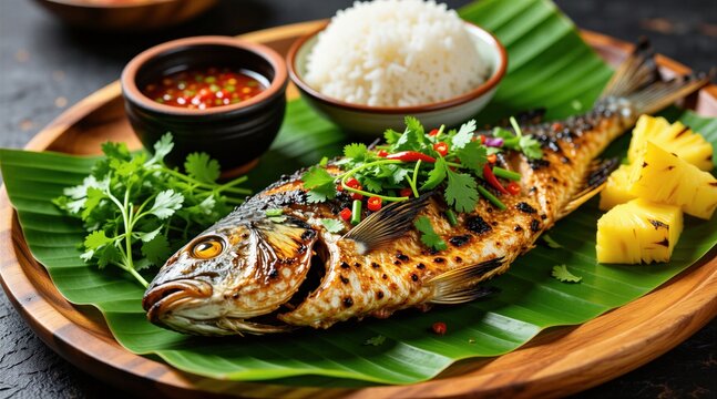 Whole grilled fish presented with rice, chili sauce on banana leaf. Juicy pineapple slices, fresh cilantro garnish this savory seafood meal. Delicious, healthy culinary creation for any table setting.