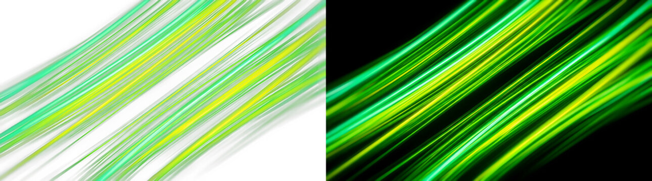 Abstract split screen background with diagonal green light streaks on white and black sides