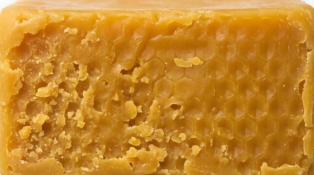 Natural organic beeswax block showing intricate hexagonal honeycomb textures in bright yellow hues captured with sharp macro photography lighting details