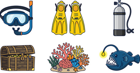 Scuba diving and underwater ocean adventure icons set featuring diving mask, snorkel tube, yellow flippers, oxygen tank, pirate treasure chest, and deep sea anglerfish isolated on white background © MstJoynobAkhtar