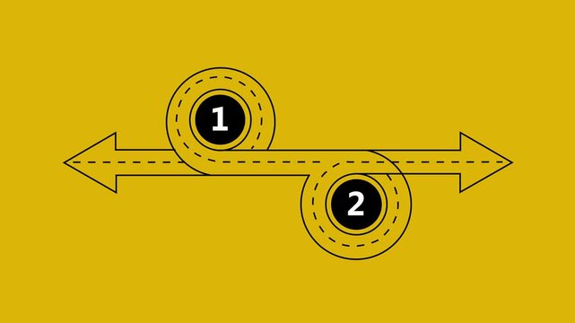 Animated two-step process infographic with circular path and directional arrows on yellow background