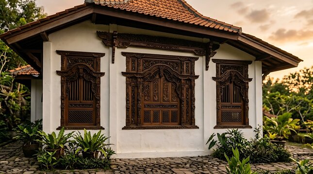 Traditional indonesian house with ornate carved wooden windows